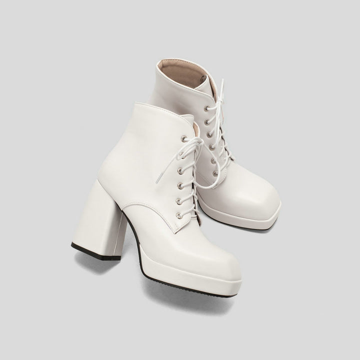 white Women's chunky heels platform lace-up booties