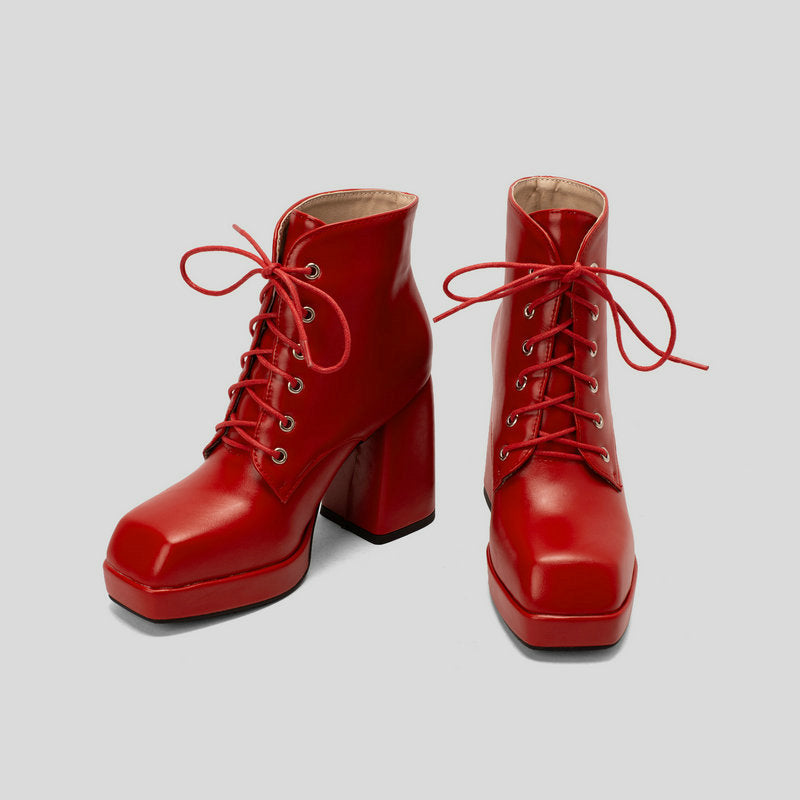 red Women's chunky heels platform lace-up booties