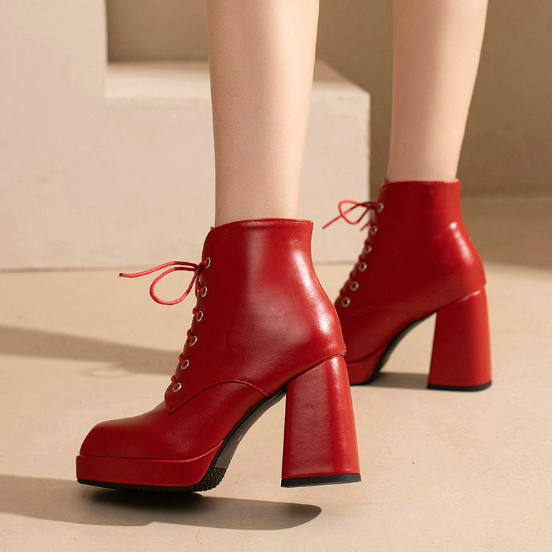 red Women's chunky heels platform lace-up booties