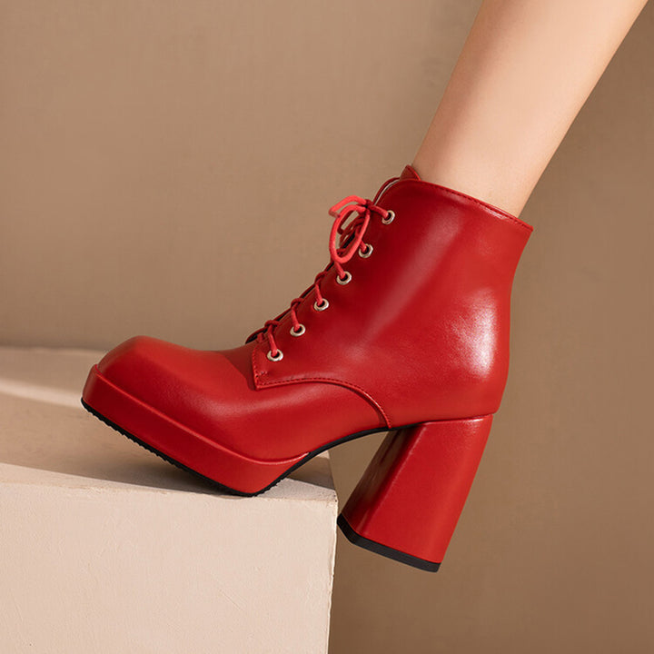 red Women's chunky heels platform lace-up booties