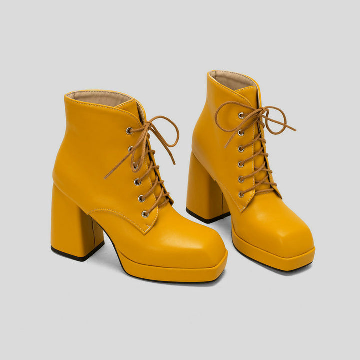 yellow Women's chunky heels platform lace-up booties