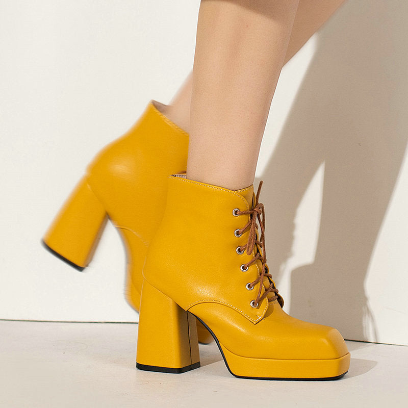 yellow Women's chunky heels platform lace-up booties