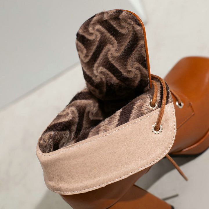 brown Women's chunky heels platform lace-up booties