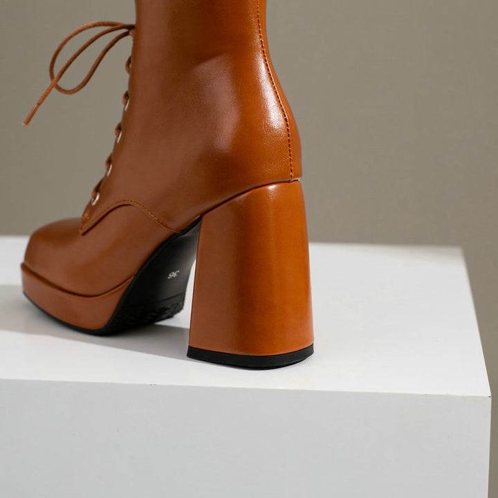 brown Women's chunky heels platform lace-up booties