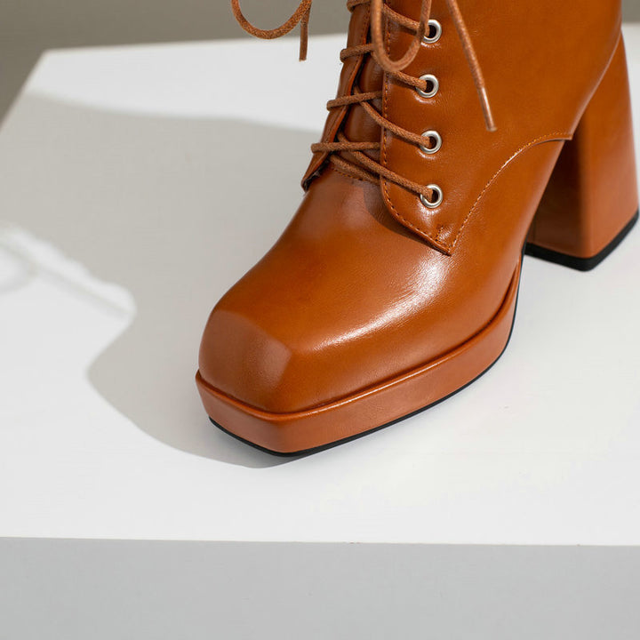 brown Women's chunky heels platform lace-up booties