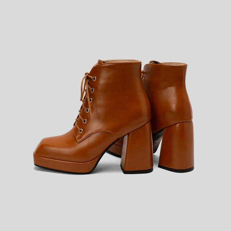 brown Women's chunky heels platform lace-up booties
