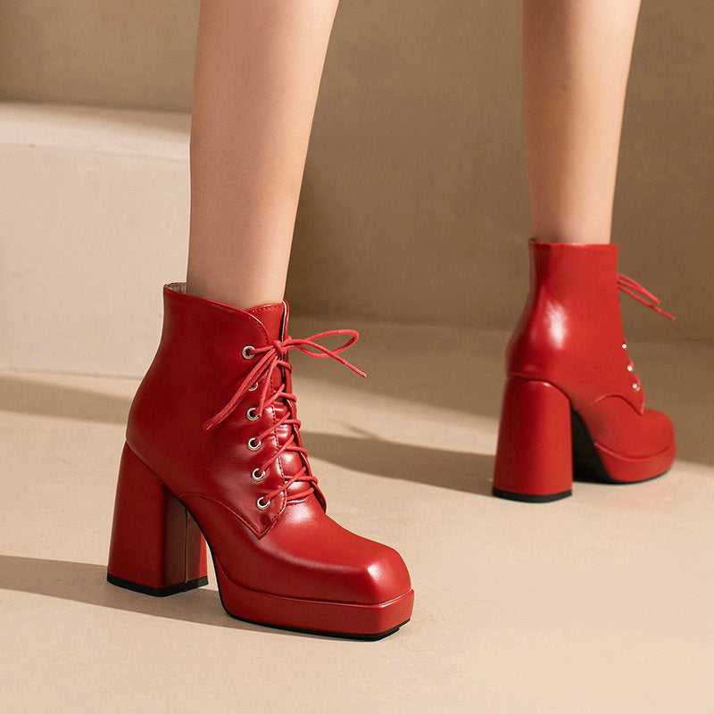 Women's chunky heels platform lace-up booties