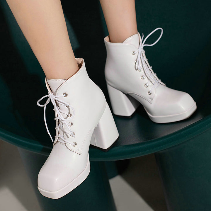 Women's chunky heels platform lace-up booties