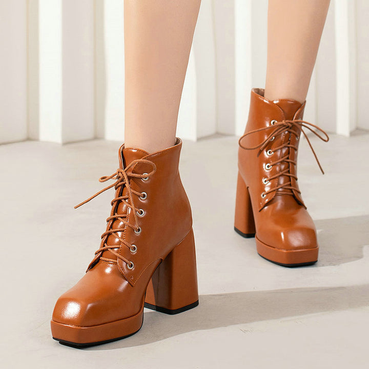 Women's chunky heels platform lace-up booties