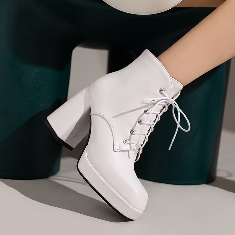 white Women's chunky heels platform lace-up booties