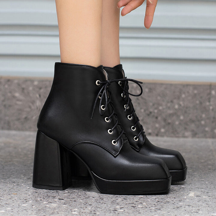 black Women's chunky heels platform lace-up booties