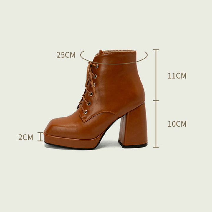 brown Women's chunky heels platform lace-up booties