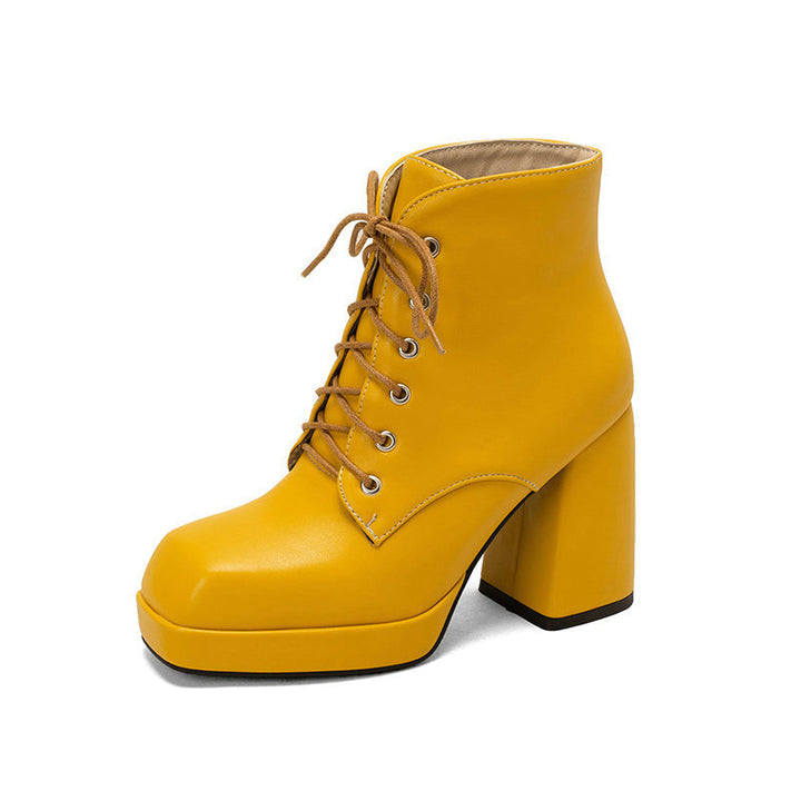 yellow Women's chunky heels platform lace-up booties