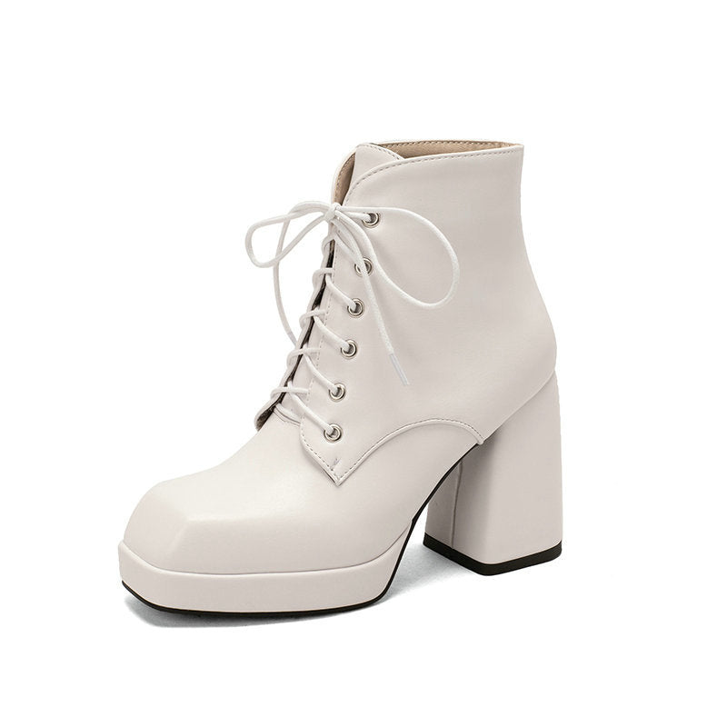 white Women's chunky heels platform lace-up booties