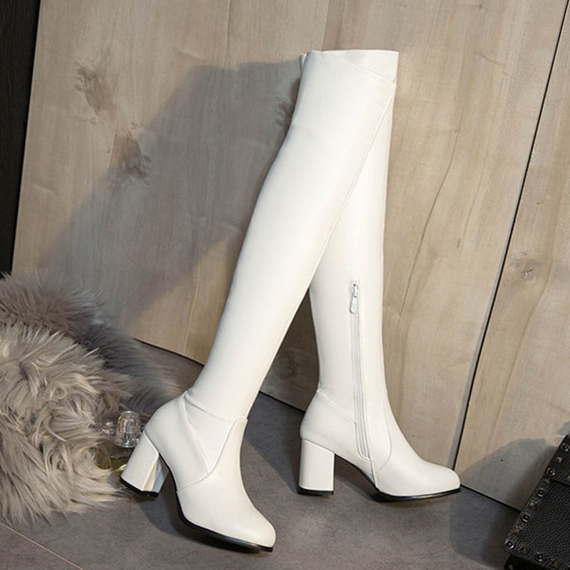 Women's chunky heels stretch thigh high boots thin boots