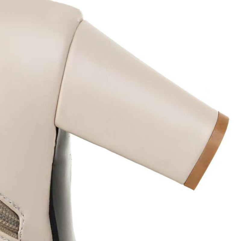 beige Women's chunky heels tweed booties