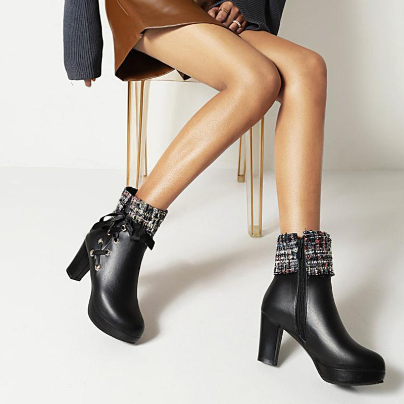 black Women's chunky heels tweed booties