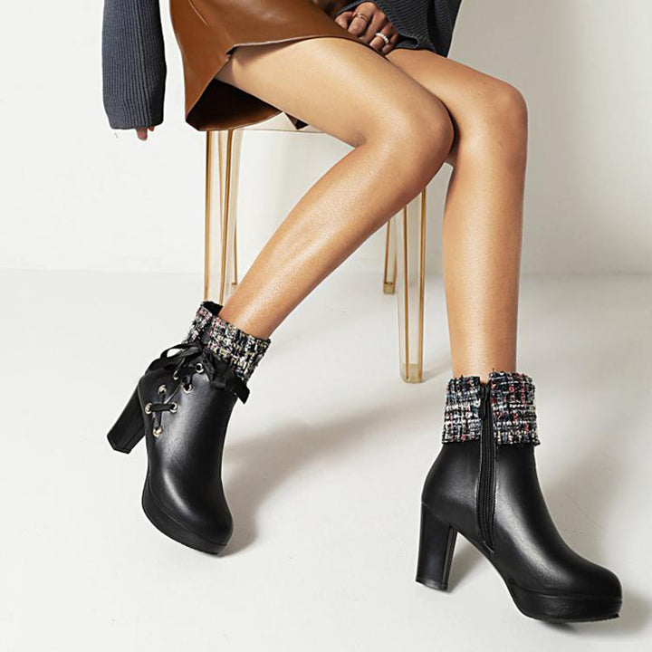 black Women's chunky heels tweed booties