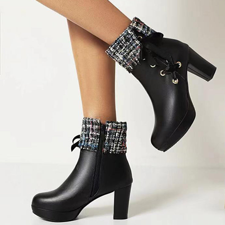 black Women's chunky heels tweed booties
