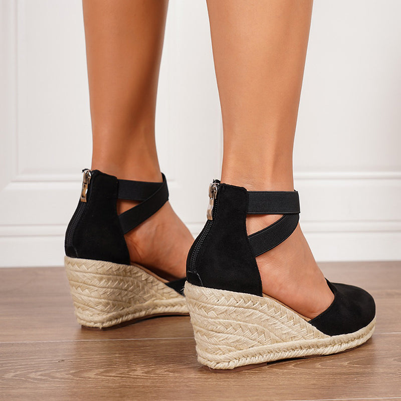 black Chic Closed-Toe Espadrille Wedge Sandals for Women – Back Zipper Shoes for Summer & Vacation