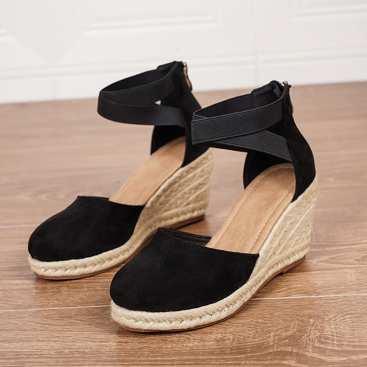black Chic Closed-Toe Espadrille Wedge Sandals for Women – Back Zipper Shoes for Summer & Vacation