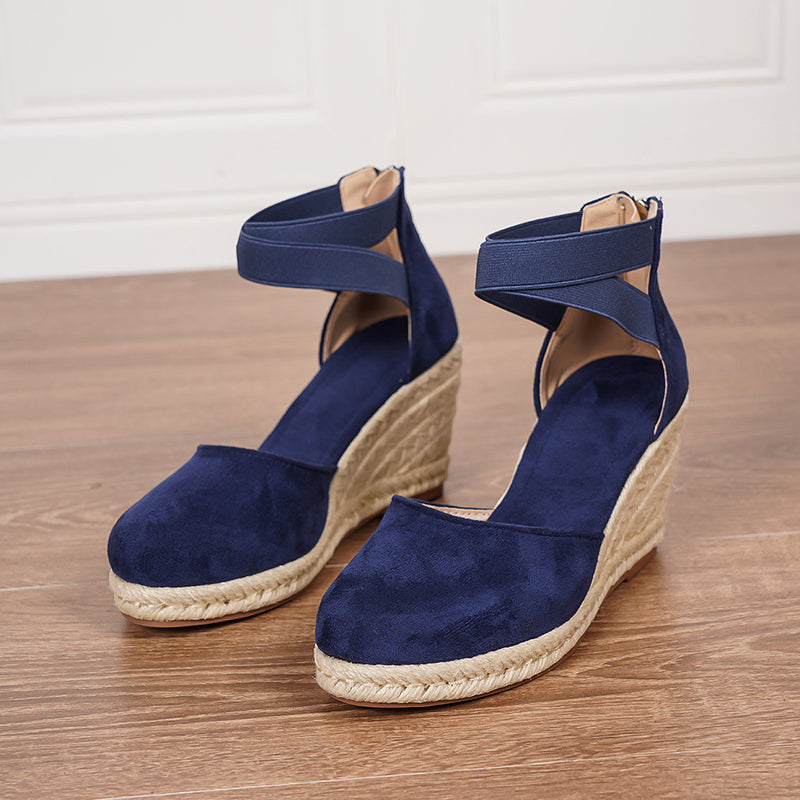 blue Chic Closed-Toe Espadrille Wedge Sandals for Women – Back Zipper Shoes for Summer & Vacation