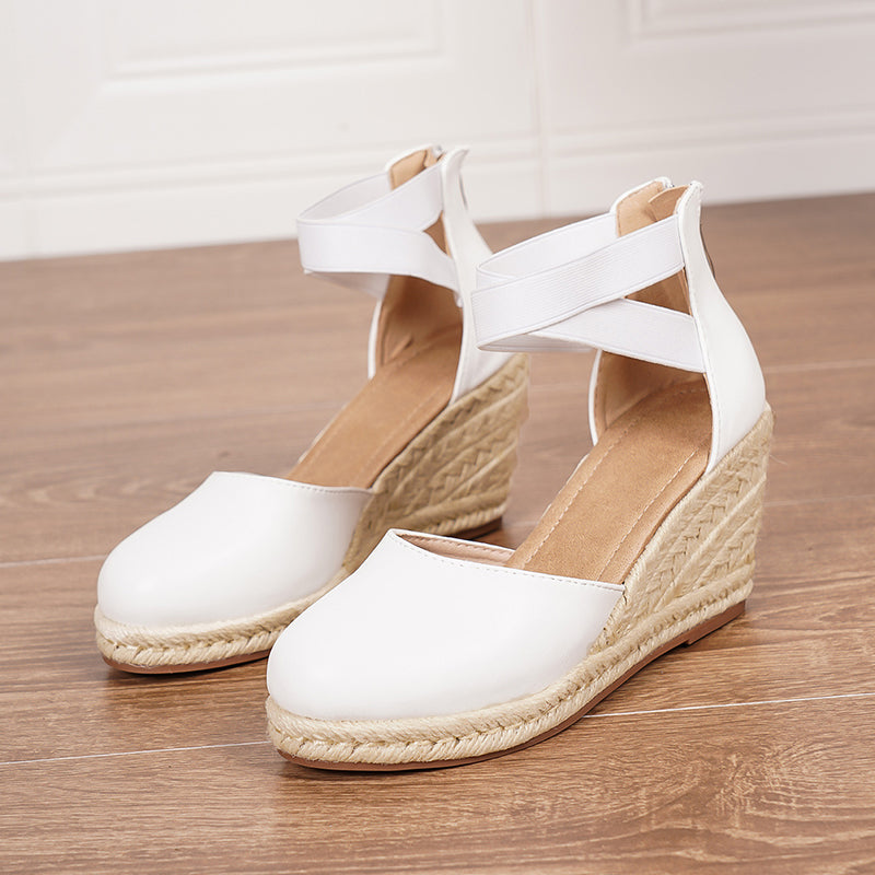 white Chic Closed-Toe Espadrille Wedge Sandals for Women – Back Zipper Shoes for Summer & Vacation