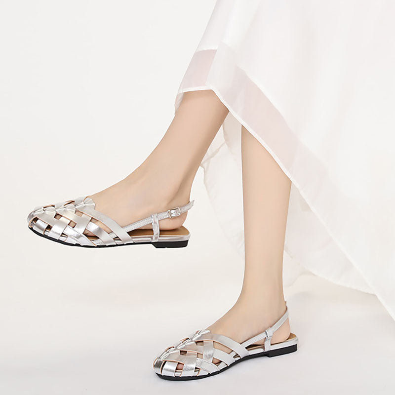 silver Chic Braided Slingback Sandals for Women - Flat Gladiator Style for Summer Outings