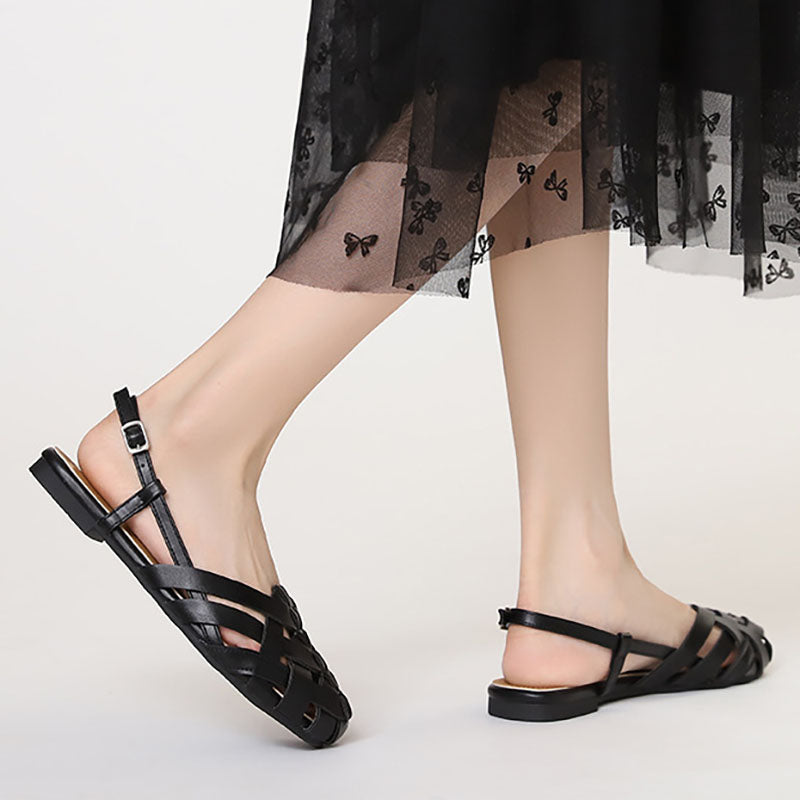 black Chic Braided Slingback Sandals for Women - Flat Gladiator Style for Summer Outings