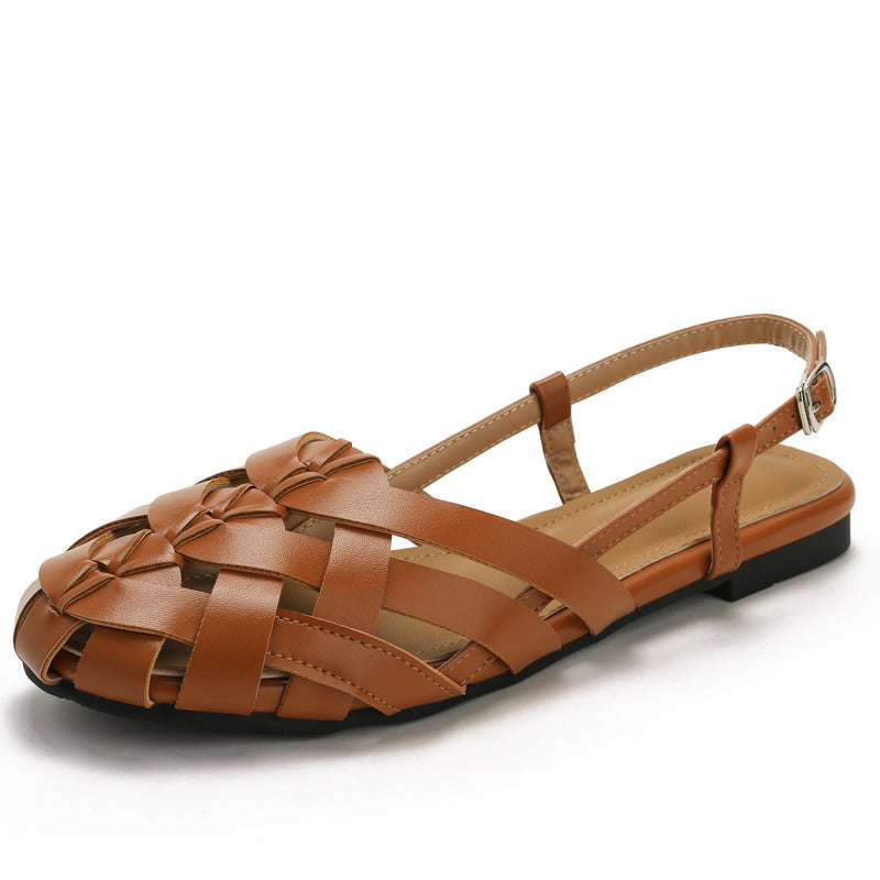 brown Chic Braided Slingback Sandals for Women - Flat Gladiator Style for Summer Outings