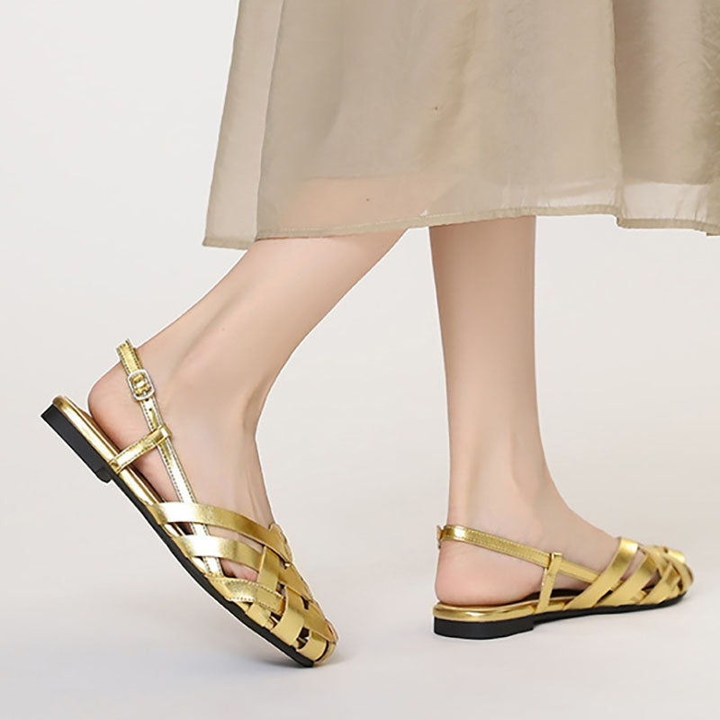 gold Chic Braided Slingback Sandals for Women - Flat Gladiator Style for Summer Outings