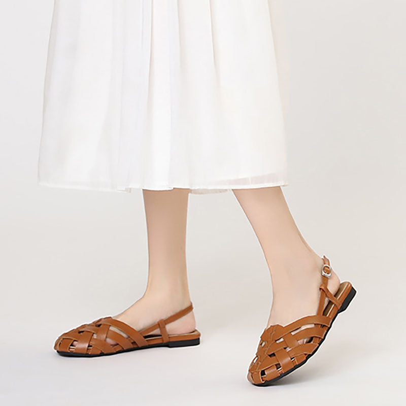 brown Chic Braided Slingback Sandals for Women - Flat Gladiator Style for Summer Outings