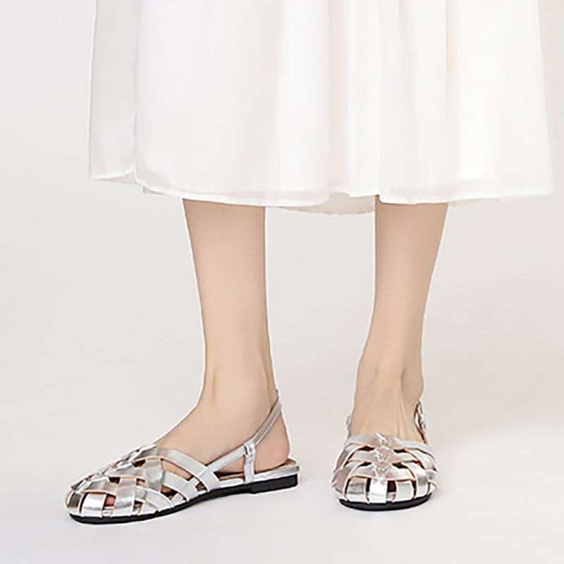 silver Chic Braided Slingback Sandals for Women - Flat Gladiator Style for Summer Outings