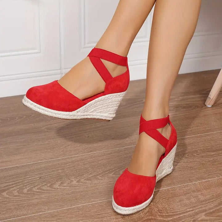 red Chic Closed-Toe Wedge Sandals for Women - Crisscross Elastic Ankle Strap for Summer Events