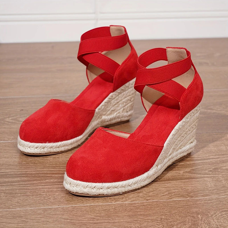 red Chic Closed-Toe Wedge Sandals for Women - Crisscross Elastic Ankle Strap for Summer Events