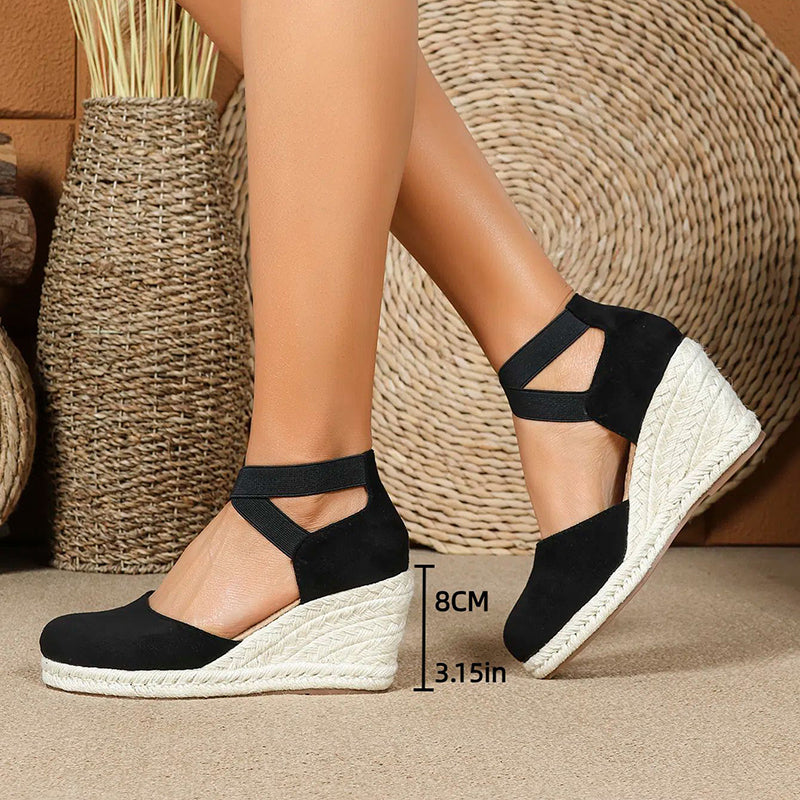 black Chic Closed-Toe Wedge Sandals for Women - Crisscross Elastic Ankle Strap for Summer Events