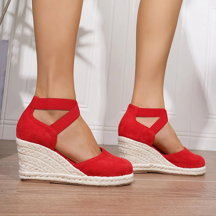red Chic Closed-Toe Wedge Sandals for Women - Crisscross Elastic Ankle Strap for Summer Events