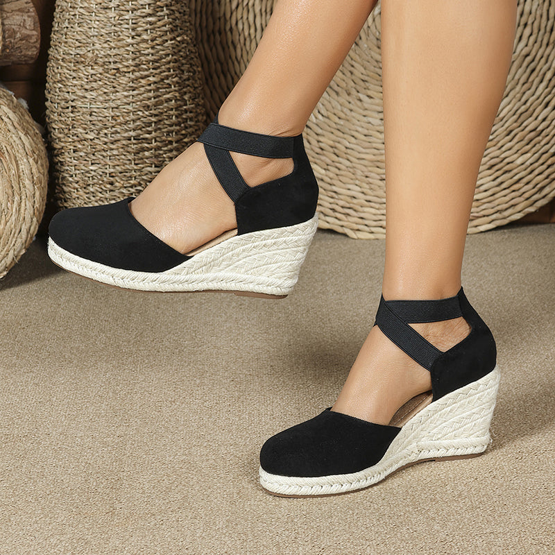 black Chic Closed-Toe Wedge Sandals for Women - Crisscross Elastic Ankle Strap for Summer Events