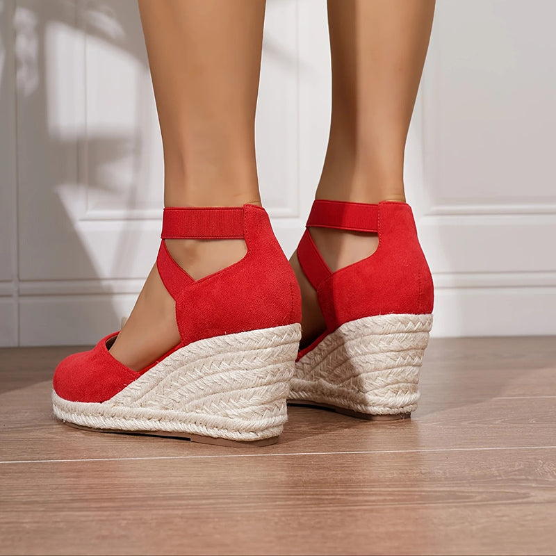 red Chic Closed-Toe Wedge Sandals for Women - Crisscross Elastic Ankle Strap for Summer Events