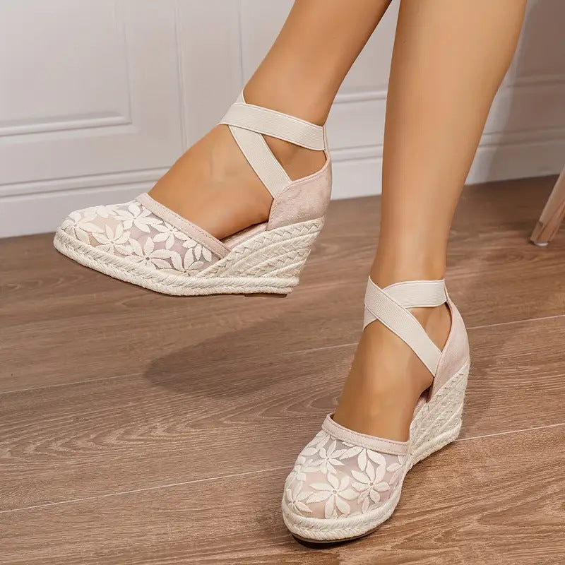 Chic Closed-Toe Wedge Sandals for Women - Crisscross Elastic Ankle Strap for Summer Events
