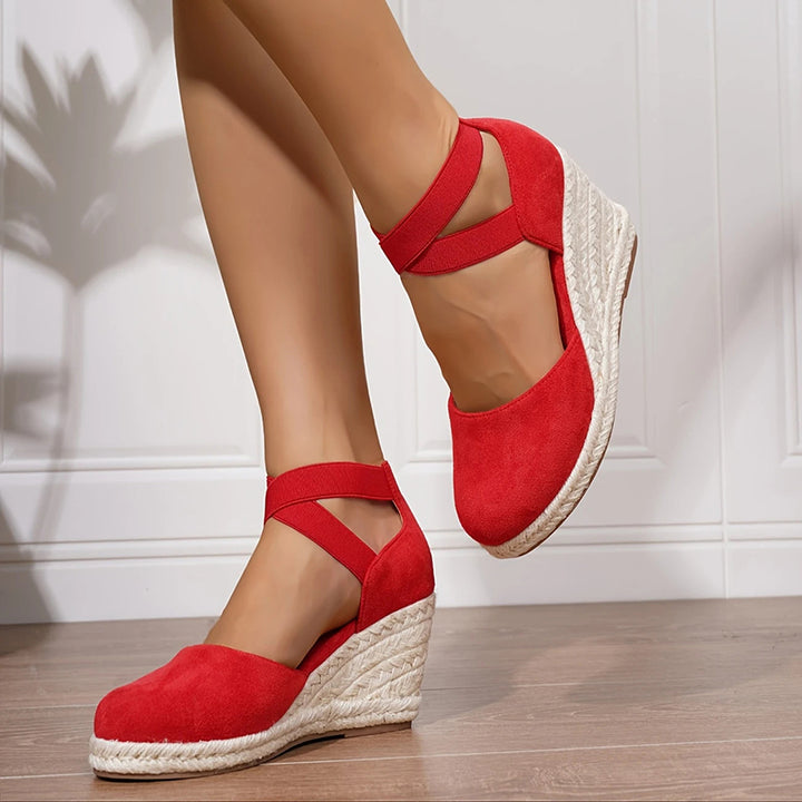 red Chic Closed-Toe Wedge Sandals for Women - Crisscross Elastic Ankle Strap for Summer Events