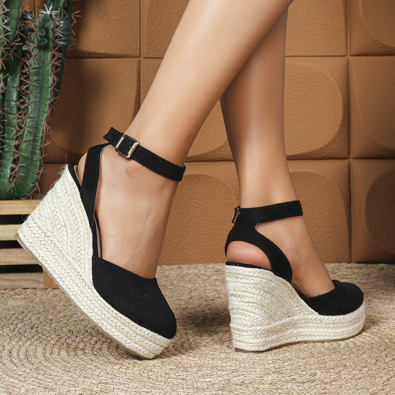 black Women's closed toe espadrilles wedge sandals 4 inches