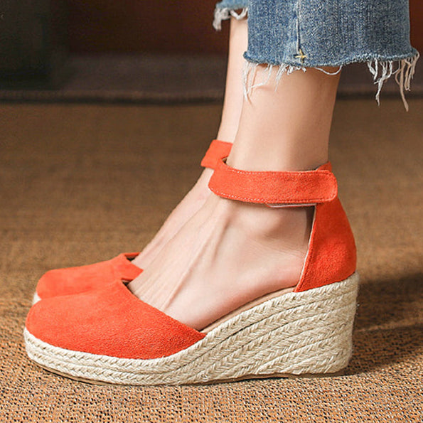 Chic Faux Suede Espadrille Wedge Sandals for Women – Velcro Ankle Strap for Stylish Summer Outfits