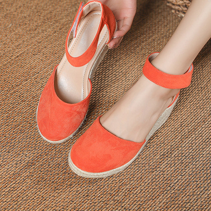 orange Chic Faux Suede Espadrille Wedge Sandals for Women – Velcro Ankle Strap for Stylish Summer Outfits