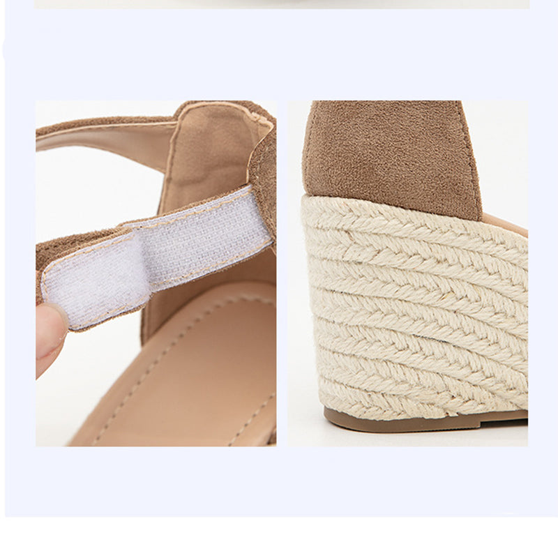 khaki Chic Faux Suede Espadrille Wedge Sandals for Women – Velcro Ankle Strap for Stylish Summer Outfits
