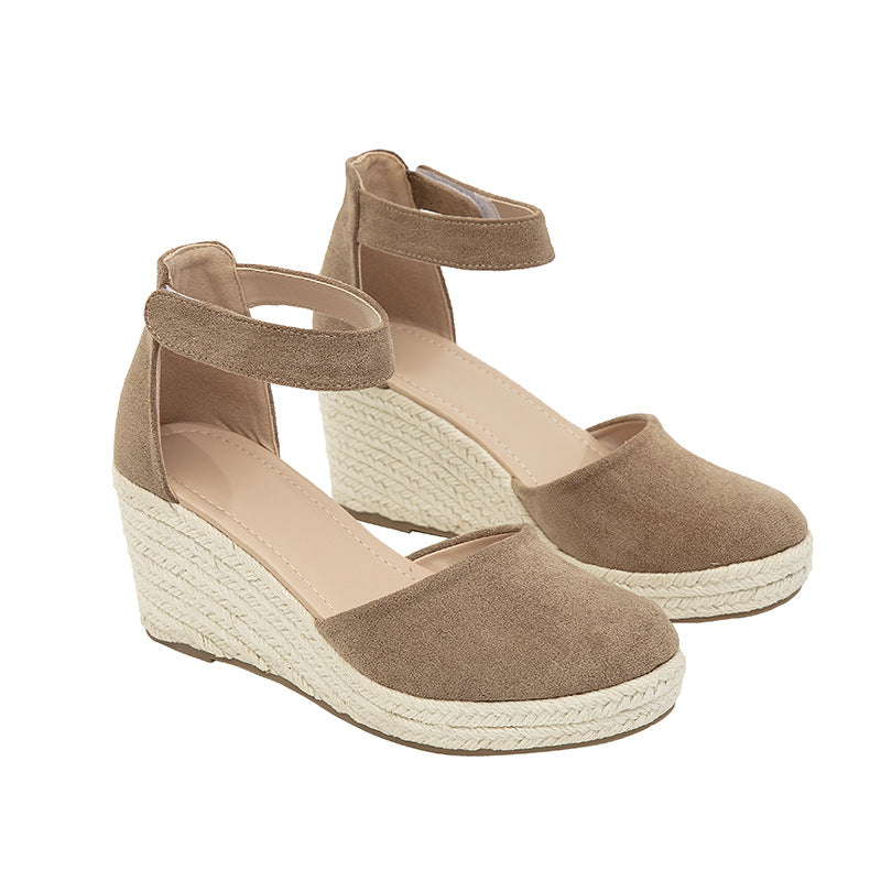 Chic Faux Suede Espadrille Wedge Sandals for Women – Velcro Ankle Strap for Stylish Summer Outfits