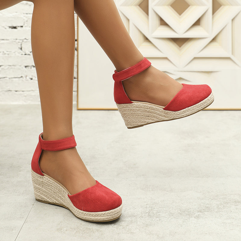 red Chic Faux Suede Espadrille Wedge Sandals for Women – Velcro Ankle Strap for Stylish Summer Outfits