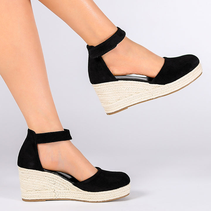 black Chic Faux Suede Espadrille Wedge Sandals for Women – Velcro Ankle Strap for Stylish Summer Outfits