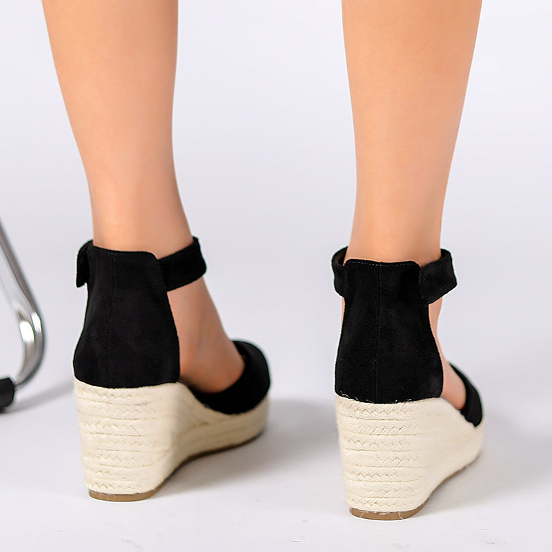 black Chic Faux Suede Espadrille Wedge Sandals for Women – Velcro Ankle Strap for Stylish Summer Outfits