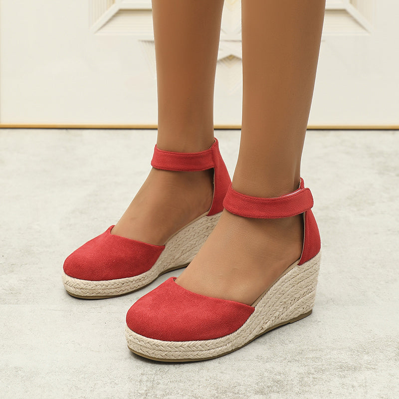 red Chic Faux Suede Espadrille Wedge Sandals for Women – Velcro Ankle Strap for Stylish Summer Outfits